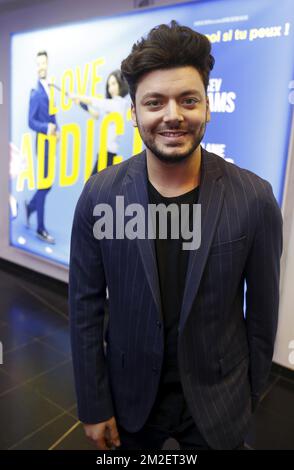 L'acteur français keV Adams pose pour le photographe à l'avant-première du film Love Addict avec l'acteur français keV Adams, au cinéma de Bruxelles UGC de Brouckere, samedi 28 avril 2018. BELGA PHOTO NICOLAS MATERLINCK Banque D'Images