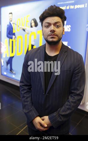 L'acteur français keV Adams pose pour le photographe à l'avant-première du film Love Addict avec l'acteur français keV Adams, au cinéma de Bruxelles UGC de Brouckere, samedi 28 avril 2018. BELGA PHOTO NICOLAS MATERLINCK Banque D'Images