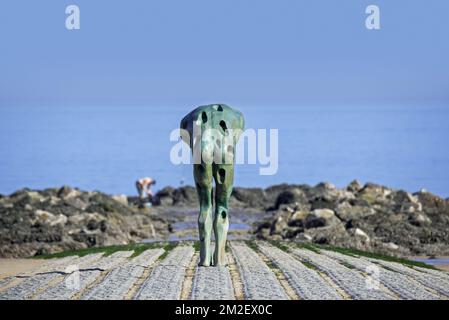 Sculpture de demain Homme fait par la mer par l'artiste Catherine François sur groyne le long de la côte de la mer du Nord à Knokke-Heist, Flandre Occidentale, Belgique | Sculpture de demain Homme fait par la mer par l'artiste Catherine François à Knokke-Heist, Belgique 18/04/2018 Banque D'Images