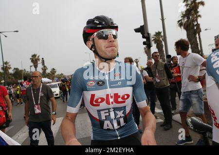 Frederik Frison belge de Lotto Soudal photographié à la deuxième étape de l'édition 101st de la tournée à vélo Giro d'Italia, de Haïfa à tel Aviv (167km), Israël, samedi 05 mai 2018. BELGA PHOTO YUZURU SUNADA FRANCE OUT Banque D'Images