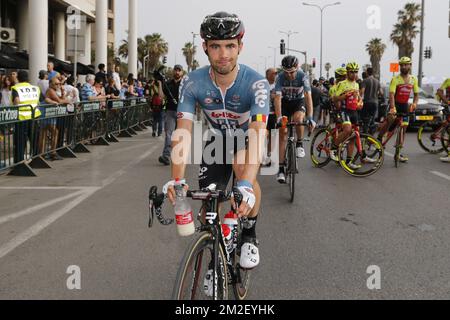 Victor Campenaerts Belge de Lotto Soudal photographié à la deuxième étape de l'édition 101st de la tournée à vélo Giro d'Italia, de Haïfa à tel Aviv (167km), Israël, samedi 05 mai 2018. BELGA PHOTO YUZURU SUNADA FRANCE OUT Banque D'Images