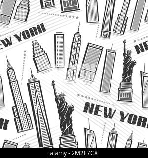 Vector New York City modèle sans couture, fond carré répété avec illustrations de bâtiments modernes de contour aux états-unis sur fond blanc, m Illustration de Vecteur