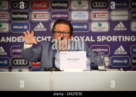 Le président d'Anderlecht, Marc Coucke, a été photographié lors d'une conférence de presse de l'équipe de la Jupiler Pro League, RSC Anderlecht, à Anderlecht, Bruxelles, le mercredi 23 mai 2018. BELGA PHOTO VIRGINIE LEFOUR Banque D'Images