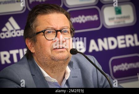 Le président d'Anderlecht, Marc Coucke, a été photographié lors d'une conférence de presse de l'équipe de la Jupiler Pro League, RSC Anderlecht, à Anderlecht, Bruxelles, le mercredi 23 mai 2018. BELGA PHOTO VIRGINIE LEFOUR Banque D'Images