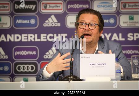 Le président d'Anderlecht, Marc Coucke, a été photographié lors d'une conférence de presse de l'équipe de la Jupiler Pro League, RSC Anderlecht, à Anderlecht, Bruxelles, le mercredi 23 mai 2018. BELGA PHOTO VIRGINIE LEFOUR Banque D'Images