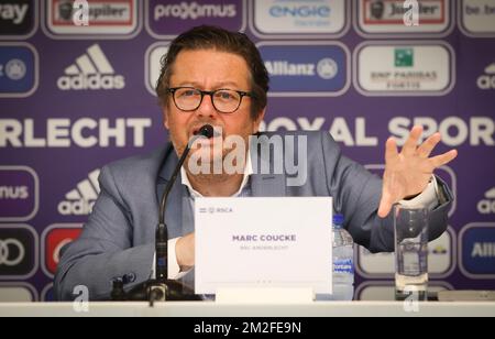 Le président d'Anderlecht, Marc Coucke, a été photographié lors d'une conférence de presse de l'équipe de la Jupiler Pro League, RSC Anderlecht, à Anderlecht, Bruxelles, le mercredi 23 mai 2018. BELGA PHOTO VIRGINIE LEFOUR Banque D'Images