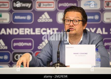 Le président d'Anderlecht, Marc Coucke, a été photographié lors d'une conférence de presse de l'équipe de la Jupiler Pro League, RSC Anderlecht, à Anderlecht, Bruxelles, le mercredi 23 mai 2018. BELGA PHOTO VIRGINIE LEFOUR Banque D'Images