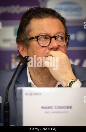 Le président d'Anderlecht, Marc Coucke, a été photographié lors d'une conférence de presse de l'équipe de la Jupiler Pro League, RSC Anderlecht, à Anderlecht, Bruxelles, le mercredi 23 mai 2018. BELGA PHOTO VIRGINIE LEFOUR Banque D'Images