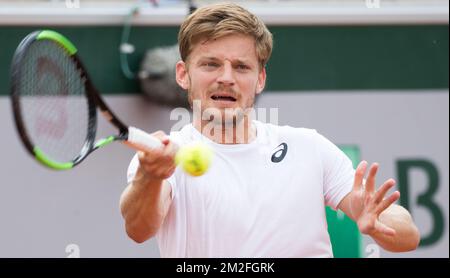 Belge David Goffin photographié lors d'une session de formation avant le tournoi de tennis Roland Garros, à Paris, France, le vendredi 25 mai 2018. Le tirage principal du Grand Chelem Roland Garros de cette année a lieu du 27 mai au 10 juin. BELGA PHOTO BENOIT DOPPAGNE Banque D'Images