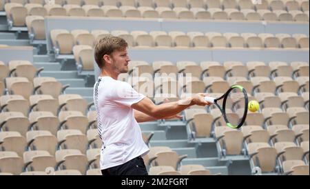 Belge David Goffin photographié lors d'une session de formation avant le tournoi de tennis Roland Garros, à Paris, France, le vendredi 25 mai 2018. Le tirage principal du Grand Chelem Roland Garros de cette année a lieu du 27 mai au 10 juin. BELGA PHOTO BENOIT DOPPAGNE Banque D'Images