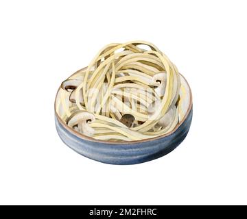 Nouilles asiatiques aux champignons dans un bol bleu sur fond blanc. Illustration de la nourriture chinoise à l'aquarelle dessinée à la main Banque D'Images