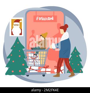 Père et son shopping pour les vacances de noël Illustration de Vecteur