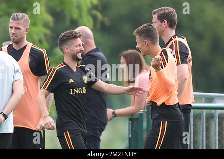 Toby Alderweireld en Belgique, Dries Mertens en Belgique et Thorgan Hazard en Belgique, photographiés lors d'une session d'entraînement de l'équipe nationale belge de football Red Devils, jeudi 31 mai 2018, à Tubize. Les Red Devils ont commencé à préparer la prochaine coupe du monde de la FIFA 2018 en Russie. BELGA PHOTO BRUNO FAHY Banque D'Images