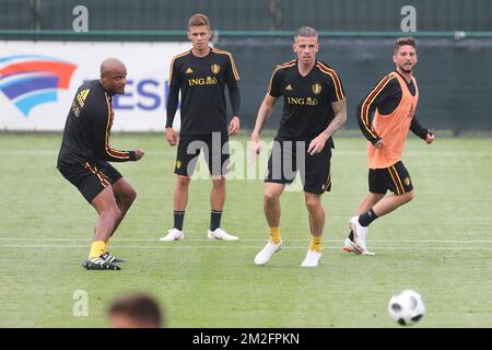 Vincent Kompany en Belgique, Thorgan Hazard en Belgique, Toby Alderweireld en Belgique et Dries Mertens en Belgique, photographiés lors d'une session d'entraînement de l'équipe nationale belge de football Red Devils, vendredi 01 juin 2018, à Tubize. Les Red Devils ont commencé à préparer la prochaine coupe du monde de la FIFA 2018 en Russie. BELGA PHOTO BRUNO FAHY Banque D'Images