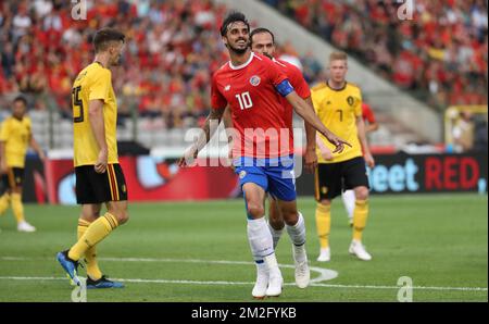 Bryan Ruiz, du Costa Rica, célèbre après avoir marqué un match de football amical entre l'équipe nationale belge les Red Devils et le Costa Rica, le lundi 11 juin 2018, à Bruxelles. Les deux équipes préparent la prochaine coupe du monde de la FIFA 2018 en Russie. BELGA PHOTO VIRGINIE LEFOUR Banque D'Images