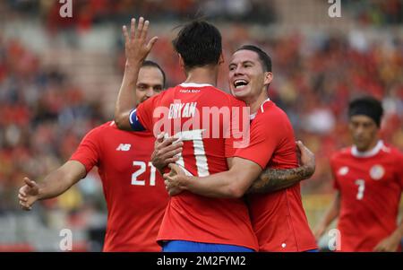 Bryan Ruiz, du Costa Rica, célèbre après avoir marqué un match de football amical entre l'équipe nationale belge les Red Devils et le Costa Rica, le lundi 11 juin 2018, à Bruxelles. Les deux équipes préparent la prochaine coupe du monde de la FIFA 2018 en Russie. BELGA PHOTO VIRGINIE LEFOUR Banque D'Images