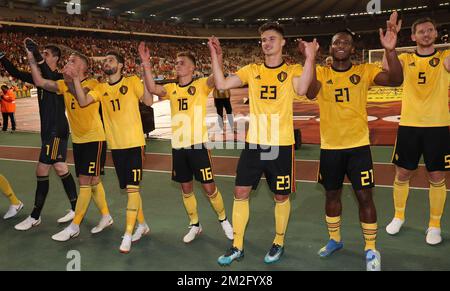 Les joueurs belges célèbrent après avoir remporté un match de football amical entre l'équipe nationale belge les Red Devils et le Costa Rica, le lundi 11 juin 2018, à Bruxelles. Les deux équipes préparent la prochaine coupe du monde de la FIFA 2018 en Russie. BELGA PHOTO VIRGINIE LEFOUR Banque D'Images