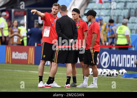 Belgium's Jan Vertonghen, Belgium's Toby Alderweireld, Belgium's Thorgan Hazard and Belgium's Eden Hazard pictured before the start of the first round soccer match between Belgian national soccer team the Red Devils and Panama in Group G of the FIFA World Cup 2018, in Sochi, Russia, Monday 18 June 2018. BELGA PHOTO DIRK WAEM Stock Photo