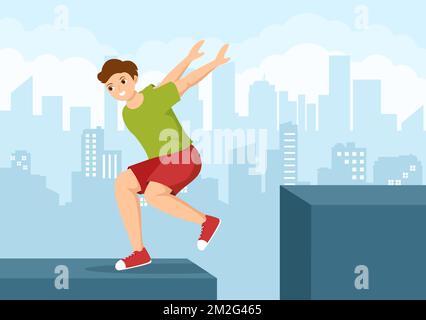 Parkour Sports avec des jeunes hommes qui sautent au-dessus des murs et des barrières dans les rues et les bâtiments de la ville dans un dessin-modèle de dessin animé à la main Illustration de Vecteur