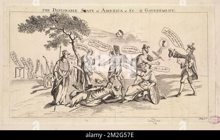 The deplorable state of America or sc--h government , Politics & government, Pandora's box, Britannia Symbolic character, Indians of North America, Bute, John Stuart, Earl of, 1713-1792, Great Britain. Stamp Act 1765 Stock Photo