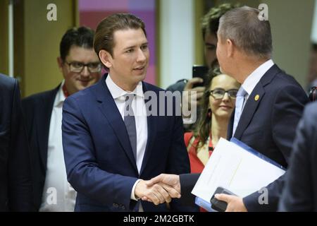 Le ministre autrichien des Affaires étrangères, Sebastian Kurz, et le Premier ministre de la République tchèque, Andrej Babis, ont pris la photo lors d'une réunion au sommet de l'UE, le jeudi 28 juin 2018, au siège de l'Union européenne à Bruxelles. BELGA PHOTO POOL CHRITOPHE LICOPPE Banque D'Images