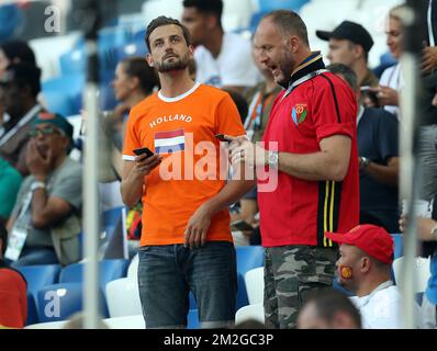 A fan with an Orange T-shirt with 'Holland' on it, pictured in the stands, during a soccer game between Belgian national soccer team the Red Devils and England, Thursday 28 June 2018 in Kaliningrad, Russia, the third and last in Group G of the FIFA World Cup 2018. BELGA PHOTO BRUNO FAHY Stock Photo