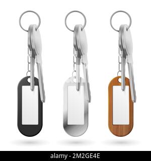 Trinkets, keys bunch, metal, wooden and plastic door clef holders on steel ring set. Oval keychains accessories or pendants isolated on white background. Realistic 3d vector illustration, mock up Stock Vector