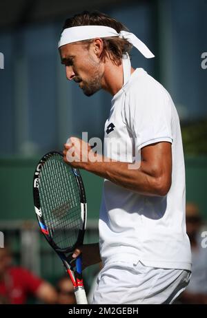 Belge Ruben Bemelmans célèbre lors d'un premier match des singles entre Belge Ruben Bemelmans (ATP 104) et USA Steve Johnson (ATP 42) au premier jour du tournoi de tennis de Wimbledon 2018 au All England tennis Club, dans le sud-ouest de Londres, en Grande-Bretagne, Lundi 02 juillet 2018. BELGA PHOTO VIRGINIE LEFOUR Banque D'Images