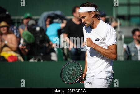 Belge Ruben Bemelmans célèbre lors d'un premier match des singles entre Belge Ruben Bemelmans (ATP 104) et USA Steve Johnson (ATP 42) au premier jour du tournoi de tennis de Wimbledon 2018 au All England tennis Club, dans le sud-ouest de Londres, en Grande-Bretagne, Lundi 02 juillet 2018. BELGA PHOTO VIRGINIE LEFOUR Banque D'Images