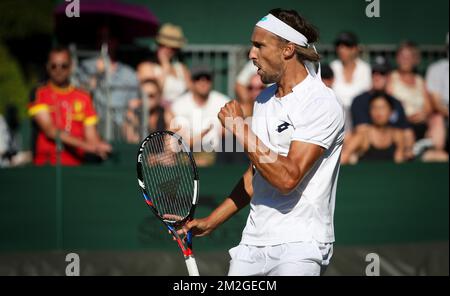 Belge Ruben Bemelmans célèbre lors d'un premier match des singles entre Belge Ruben Bemelmans (ATP 104) et USA Steve Johnson (ATP 42) au premier jour du tournoi de tennis de Wimbledon 2018 au All England tennis Club, dans le sud-ouest de Londres, en Grande-Bretagne, Lundi 02 juillet 2018. BELGA PHOTO VIRGINIE LEFOUR Banque D'Images