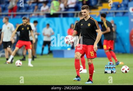 Thomas Meunier de Belgique photographié à l'échauffement sur le terrain, en prévision d'un match de 16 entre l'équipe nationale belge de football les Red Devils et le Japon à Rostov, Russie, lundi 02 juillet 2018. BELGA PHOTO BRUNO FAHY Banque D'Images