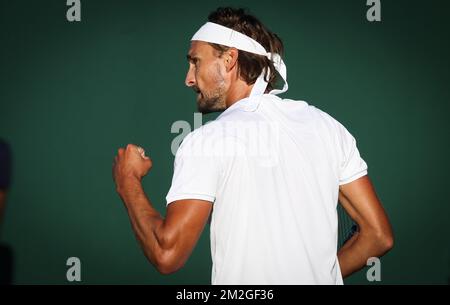 Belge Ruben Bemelmans célèbre lors d'un premier match des singles entre Belge Ruben Bemelmans (ATP 104) et USA Steve Johnson (ATP 42) au premier jour du tournoi de tennis de Wimbledon 2018 au All England tennis Club, dans le sud-ouest de Londres, en Grande-Bretagne, Lundi 02 juillet 2018. BELGA PHOTO VIRGINIE LEFOUR Banque D'Images