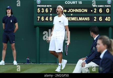 Belge Ruben Bemelmans célèbre lors d'un premier match des singles entre Belge Ruben Bemelmans (ATP 104) et USA Steve Johnson (ATP 42) au premier jour du tournoi de tennis de Wimbledon 2018 au All England tennis Club, dans le sud-ouest de Londres, en Grande-Bretagne, Lundi 02 juillet 2018. BELGA PHOTO VIRGINIE LEFOUR Banque D'Images