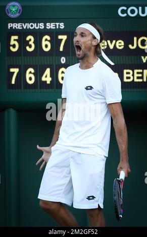 Belge Ruben Bemelmans célèbre lors d'un premier match des singles entre Belge Ruben Bemelmans (ATP 104) et USA Steve Johnson (ATP 42) au premier jour du tournoi de tennis de Wimbledon 2018 au All England tennis Club, dans le sud-ouest de Londres, en Grande-Bretagne, Lundi 02 juillet 2018. BELGA PHOTO VIRGINIE LEFOUR Banque D'Images