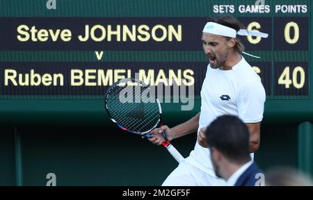 Belge Ruben Bemelmans célèbre lors d'un premier match des singles entre Belge Ruben Bemelmans (ATP 104) et USA Steve Johnson (ATP 42) au premier jour du tournoi de tennis de Wimbledon 2018 au All England tennis Club, dans le sud-ouest de Londres, en Grande-Bretagne, Lundi 02 juillet 2018. BELGA PHOTO VIRGINIE LEFOUR Banque D'Images