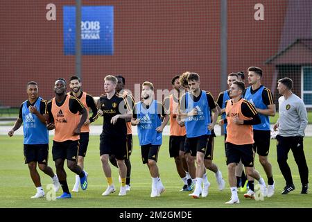 Belgian players pictured during a training session of Belgian national soccer team the Red Devils in Dedovsk, near Moscow, Russia, Sunday 08 July 2018. The Devils qualified for the semi-finals of the FIFA World Cup 2018, next Tuesday they will meet France. BELGA PHOTO DIRK WAEM Stock Photo