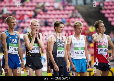 Belgian Tim Van De Velde (2L) pictured at the start of round one of the men's 3000m steeple chase event, on day three of the IAAF World U20 Athletics Championships in Tampere, Finland, Thursday 12 July 2018. The U20 Worlds take place from 10 to 15 July 2018. BELGA PHOTO JASPER JACOBS Stock Photo