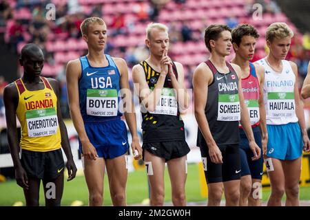 Belge Tim Van de Velde (C) photographié au début de la première manche de la course de poursuite de steeple 3000m pour hommes, le troisième jour des Championnats du monde d'athlétisme U20 de l'IAAF à Tampere, Finlande, jeudi 12 juillet 2018. Les U20 mondes ont lieu du 10 au 15 juillet 2018. BELGA PHOTO JASPER JACOBS Banque D'Images