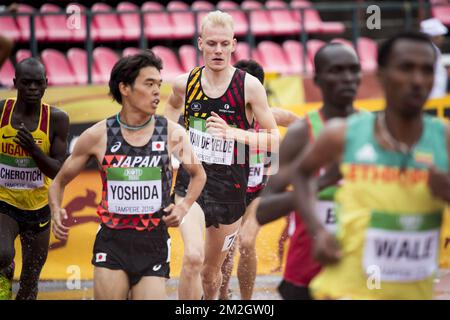 Belge Tim Van de Velde (C) photographié au début de la première manche de la course de poursuite de steeple 3000m pour hommes, le troisième jour des Championnats du monde d'athlétisme U20 de l'IAAF à Tampere, Finlande, jeudi 12 juillet 2018. Les U20 mondes ont lieu du 10 au 15 juillet 2018. BELGA PHOTO JASPER JACOBS Banque D'Images