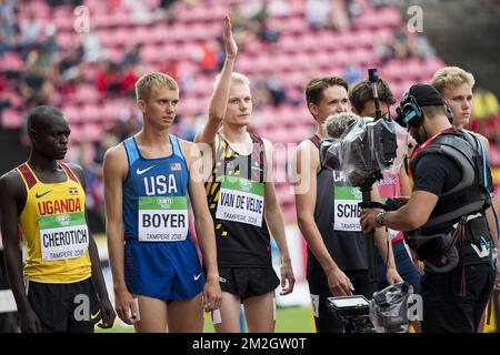 Belge Tim Van de Velde (C) photographié au début de la première manche de la course de poursuite de steeple 3000m pour hommes, le troisième jour des Championnats du monde d'athlétisme U20 de l'IAAF à Tampere, Finlande, jeudi 12 juillet 2018. Les U20 mondes ont lieu du 10 au 15 juillet 2018. BELGA PHOTO JASPER JACOBS Banque D'Images