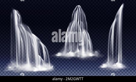 Cascade en cascade, chute d'eau réaliste flux de jets de liquide pur avec brouillard de différentes formes isolées sur fond transparent. Rivière, éléments de conception de fontaine. Illustration réaliste à 3D vecteurs Illustration de Vecteur