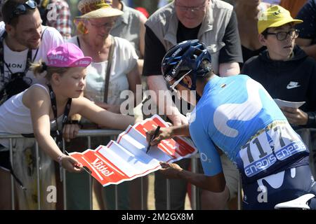 Colombien Nairo Quintana de Movistar Team photographié avant le début de la septième étape de l'édition 105th de la course cycliste Tour de France, de Fougères à Chartres (231 km), en France, vendredi 13 juillet 2018. Le Tour de France de cette année se déroule de 7 juillet à 29 juillet. BELGA PHOTO YORICK JANSENS Banque D'Images