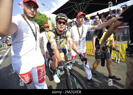 Dutch Dylan Groenewegen de LottoNL-Jumbo célèbre après avoir remporté la septième étape de l'édition 105th de la course cycliste Tour de France, de Fougères à Chartres (231 km), en France, le vendredi 13 juillet 2018. Le Tour de France de cette année se déroule de 7 juillet à 29 juillet. BELGA PHOTO YORICK JANSENS Banque D'Images