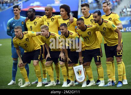 L-R, UP, gardien de but de Belgique Thibaut Courtois, Romelu Lukaku de Belgique, Vincent Kompany de Belgique, Axel Witsel de Belgique, Thomas Meunier de Belgique, Jan Vertonghen en Belgique et Down Toby Alderweireld en Belgique, Kevin de Bruyne en Belgique, Eden Hazard en Belgique, Youri Tielemans en Belgique et Nacer Chadli en Belgique posent à la photo de l'équipe traditionnelle avant un match de football entre l'équipe nationale belge des Red Devils et l'Angleterre, Troisième place de la coupe du monde de la FIFA 2018, samedi 14 juillet 2018 à Saint-Pétersbourg, Russie. BELGA PHOTO LAURIE DIEFFEMBACQ Banque D'Images