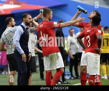 Gareth Southgate, entraîneur en chef de l'Angleterre, et Eric Dier, d'Angleterre, ont photographié lors d'un match de football entre l'équipe nationale belge des Red Devils et l'Angleterre, le troisième match de la coupe du monde de la FIFA 2018, le samedi 14 juillet 2018 à Saint-Pétersbourg, en Russie. BELGA PHOTO LAURIE DIEFFEMBACQ Banque D'Images