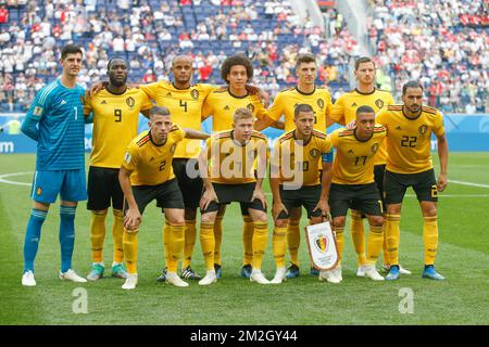 L-R, UP, gardien de but de Belgique Thibaut Courtois, Romelu Lukaku de Belgique, Vincent Kompany de Belgique, Axel Witsel de Belgique, Thomas Meunier de Belgique, Jan Vertonghen en Belgique et Down Toby Alderweireld en Belgique, Kevin de Bruyne en Belgique, Eden Hazard en Belgique, Youri Tielemans en Belgique et Nacer Chadli en Belgique posent à la photo de l'équipe traditionnelle avant un match de football entre l'équipe nationale belge des Red Devils et l'Angleterre, Troisième place de la coupe du monde de la FIFA 2018, samedi 14 juillet 2018 à Saint-Pétersbourg, Russie. BELGA PHOTO BRUNO FAHY Banque D'Images