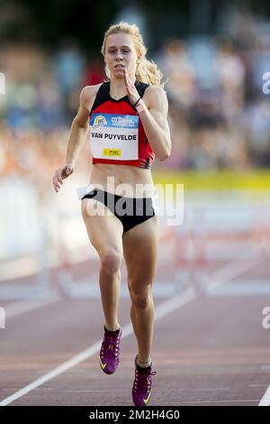 Belge Margo Van Puyvelde photographié en action pendant les 400m haies des femmes à l'édition 39th de la réunion d'athlétisme 'Nacht van de Atletiek (EA Classic Meeting), samedi 21 juillet 2018, à Heusden-Zolder. BELGA PHOTO JASPER JACOBS Banque D'Images