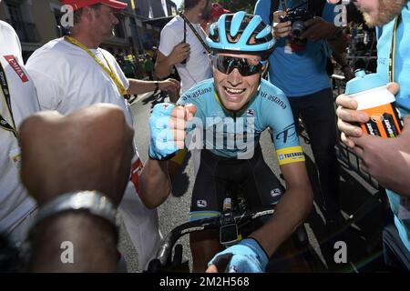 Magnus Cort danois d'Astana célèbre après avoir remporté la scène 15th de l'édition 105th de la course cycliste Tour de France, de Millau à Carcassonne (181,5km), France, dimanche 22 juillet 2018. Le Tour de France de cette année se déroule de 7 juillet à 29 juillet. BELGA PHOTO YORICK JANSENS Banque D'Images