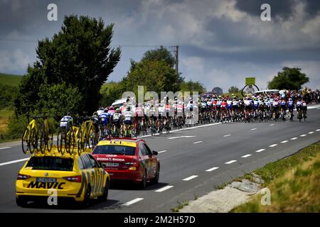 Illustration picture shows the pack of riders in action during the 15th stage in the 105th edition of the Tour de France cycling race, from Millau to Carcassone (181,5km), France, Sunday 22 July 2018. This year's Tour de France takes place from July 7th to July 29th. BELGA PHOTO YORICK JANSENS Stock Photo