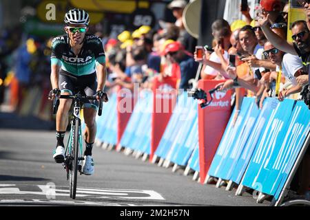 Le Rafal Majka polonais de Bora-Hansgrohe franchit la ligne d'arrivée de l'étape 15th dans l'édition 105th de la course cycliste Tour de France, de Millau à Carcassonne (181,5km), France, dimanche 22 juillet 2018. Le Tour de France de cette année se déroule de 7 juillet à 29 juillet. BELGA PHOTO DAVID STOCKMAN Banque D'Images